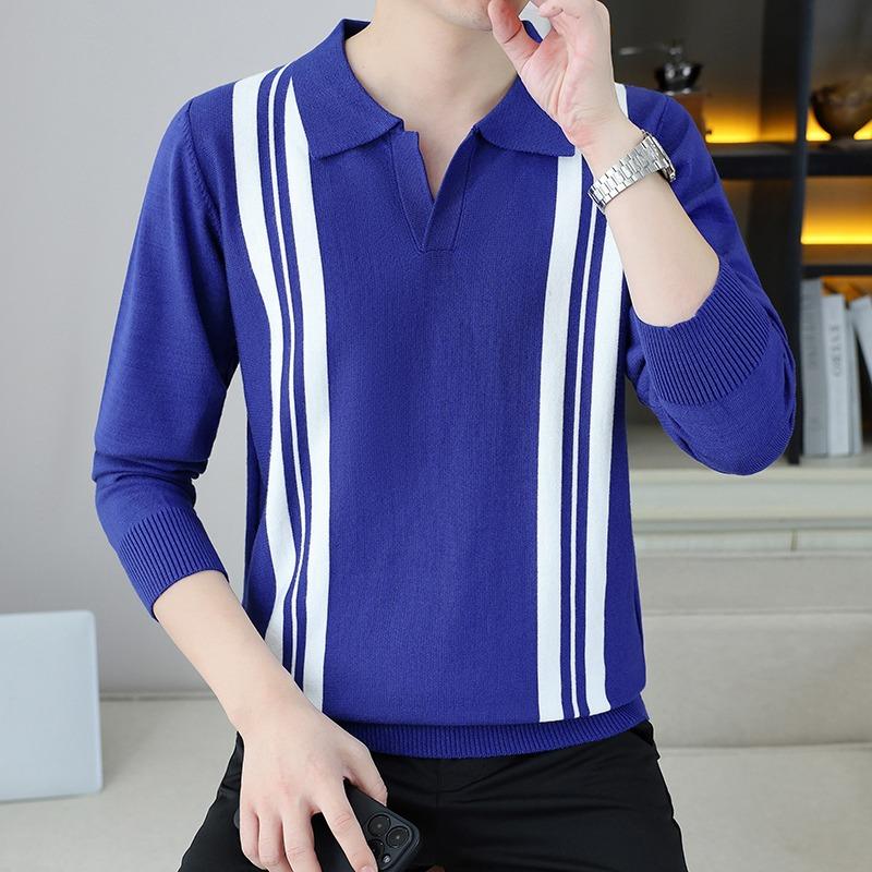 

Осенне-зимняя мода Мужской приталенный свитер с лацканами в британском стиле Полосатый контрастный повседневный вязаный топ L синий
