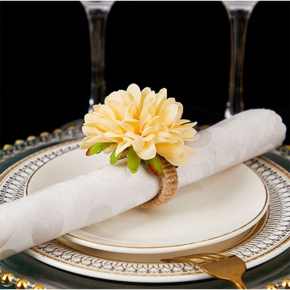 4pcs with Rope Napkin Rings Artificial Flower Chrysanthemum Rings  Festival Wedding Thanksgiving