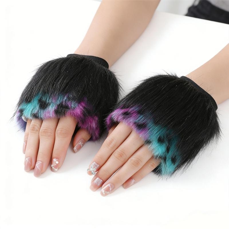Fingerless Rainbow Fleece Gloves For Winter Soft Plush Warmth Unisex Design Colorful Bear Cosplay