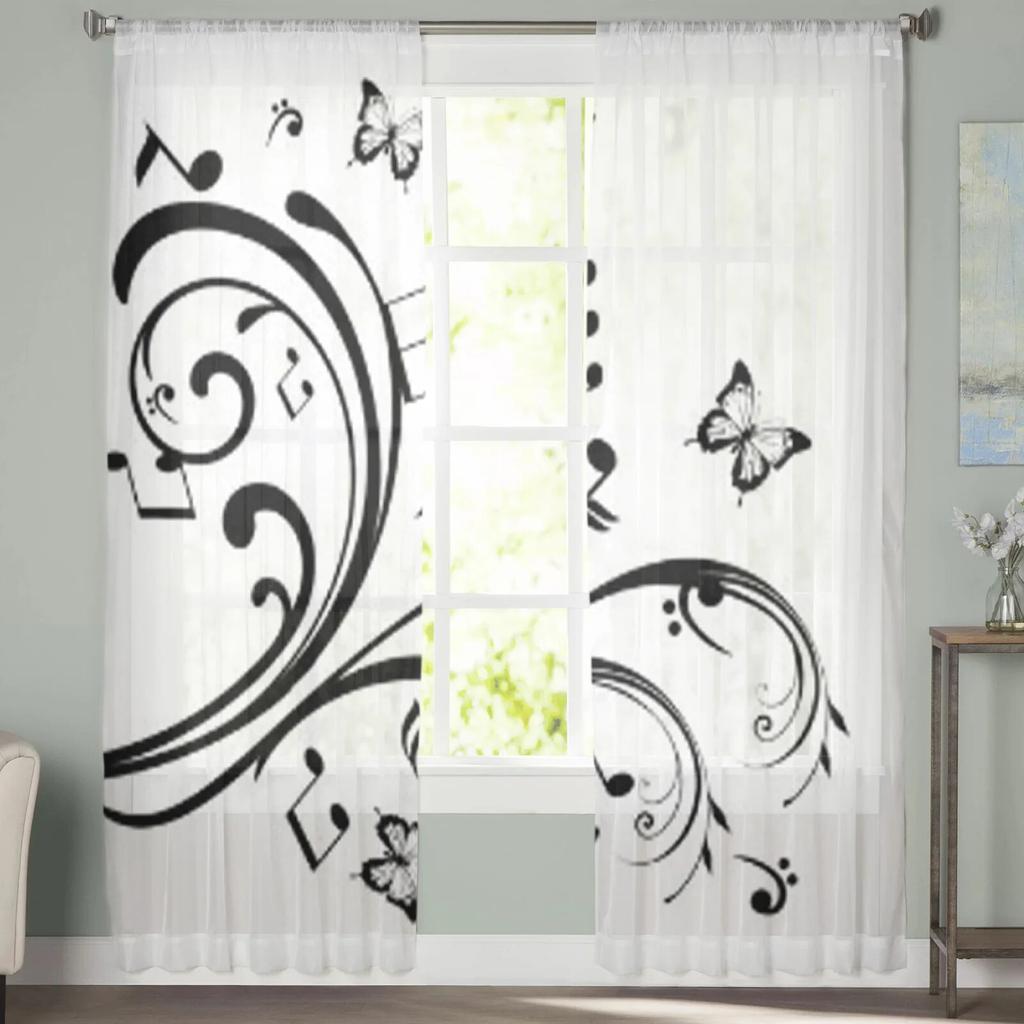 Musical Notes and Butterflies Tulle Curtains for Living Room Decoration Modern Veil Chiffon Curtains Bedroom Sheer Voile