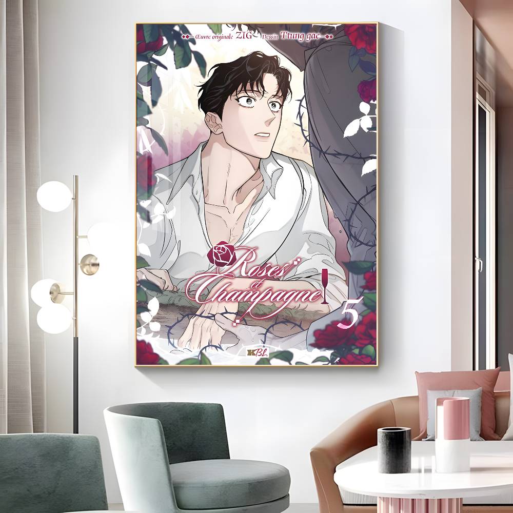 1ks Anime R-Růže a šampaňské Plakát Samolepka Tisk Voděodolné Nástěnné umění do obývacího pokoje Ložnice Domácí dekorace