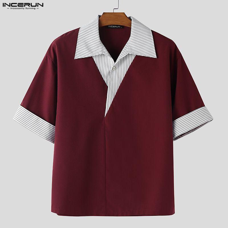 INCERUN Summer Men Lapel Neck Short Sleeve Striped Patchwork Casual Loose T-shirts Tops