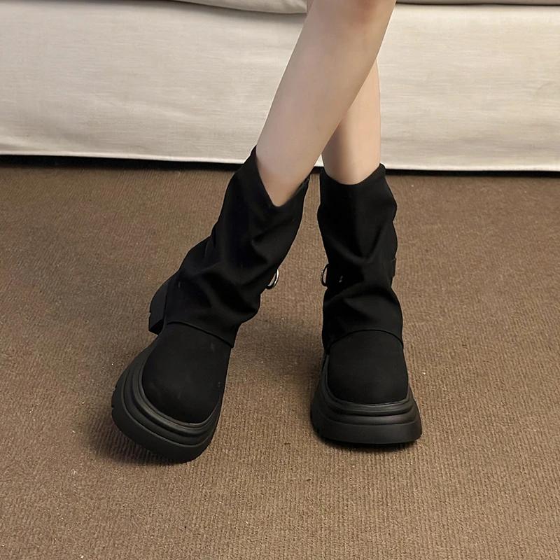 Fashion Women Boots Middle Follow Thick Sole Anti-slip Waterproof Platform Retro Upgraded Round Head Fang Hei Shoes Botas Mujer