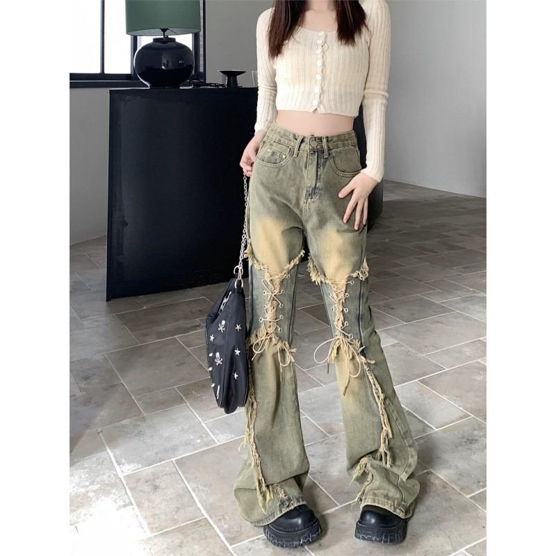 High Waist Distressed Denim Jeans Women Cropped Flared Leg With Adjustable Tie Detail Raw Hem Small