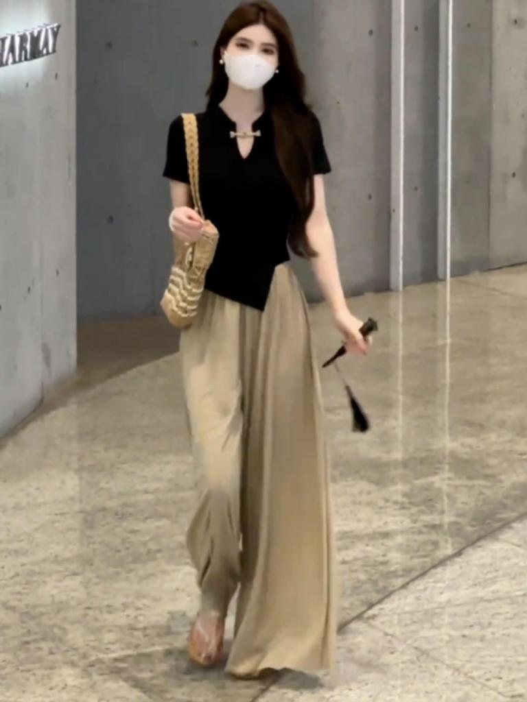 Plus Size Women's Summer Chinese Style Two-Piece Set: Top & Wide-Leg Pants - Elegant Goddess Look