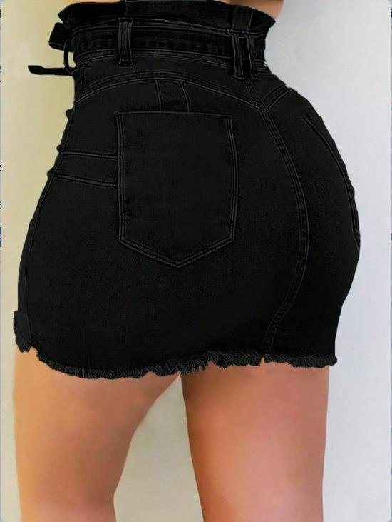 ATC70568 Damen High Waist Mehrfarbiger Paperbag-Design Stretch-Denim-Rock