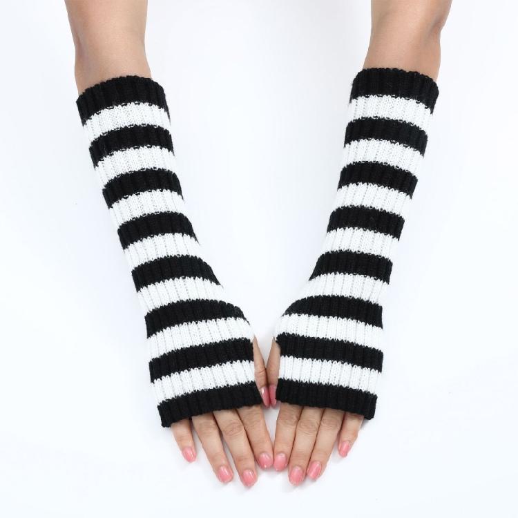 Teenagers Winter Half Finger Mitten Stripe Pattern Knit Keep Warm Lengthen Wrist