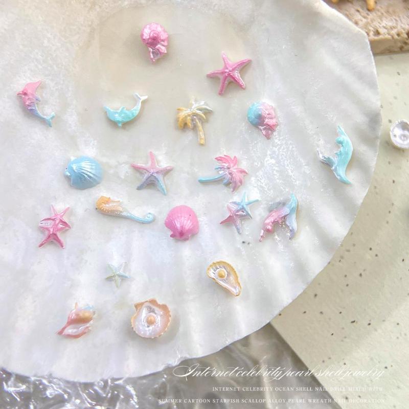50 Pcs Ocean Series Glossy Colorful Shell Starfish Conch Fishtail Resin Nail Art Jewel Decorations Manicure Ornament