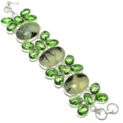Doğal Prehnit, Tsavorit Değerli Taş 925 Ayar Gümüş Bileklik 7-8" B2G33