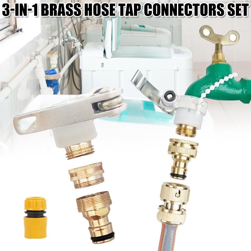 Universal 3-In-1 Brass Hose Tap Connectors Set Vintage Faucet Adapter Washing Machine Quick Connector