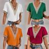 T-shirt d'été à manches courtes pour femme, couleur unie, coupe ajustée, basique, col en V, en dentelle, style Y2K, streetwear