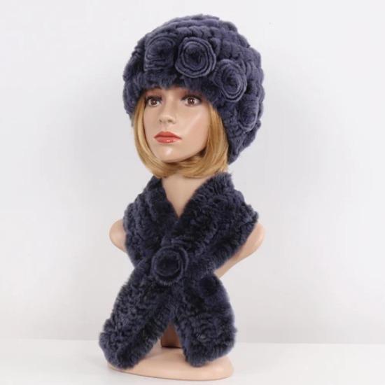 Hot Sale Lady Natural Fur Hats Scarves Sets Women Winter Knit Real Rex Rabbit Fur Hats Muffle 2 Pieces Real Fur Hat Scarf