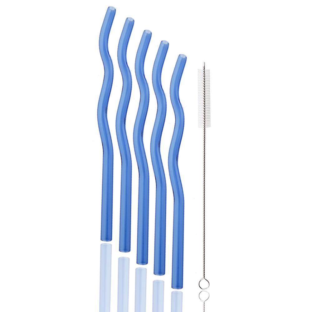 6Pcs 200*8mm Glass Straws Wavy Pink Drinking Straw Set with Brush High Borosilicate Glass Straw Kitchen Party Bar Drinkware