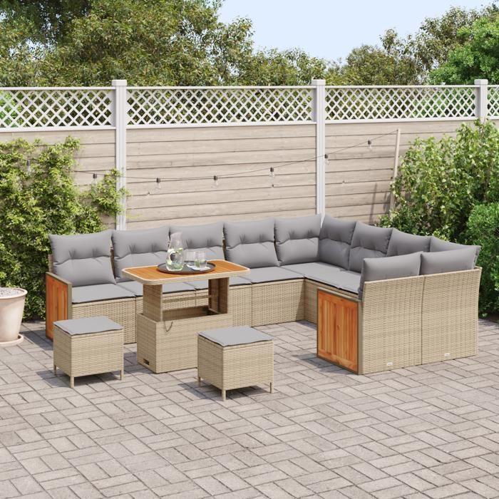 Canapés de Jardin 12 Pièces avec Coussins Beige en Rotin Poly Acacia, Salle à Manger de Jardin 3 Pièces avec Coussins Beige 3365297
