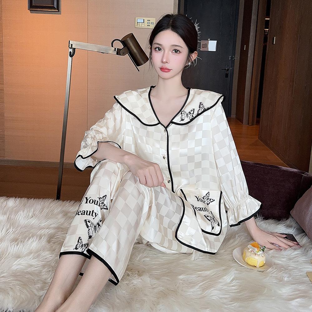V-neck Autumn New Pajamas for Women Ice Silk Lace Sweet Jacquard Gauze Sleeves Smooth Two-piece Pajamas Set