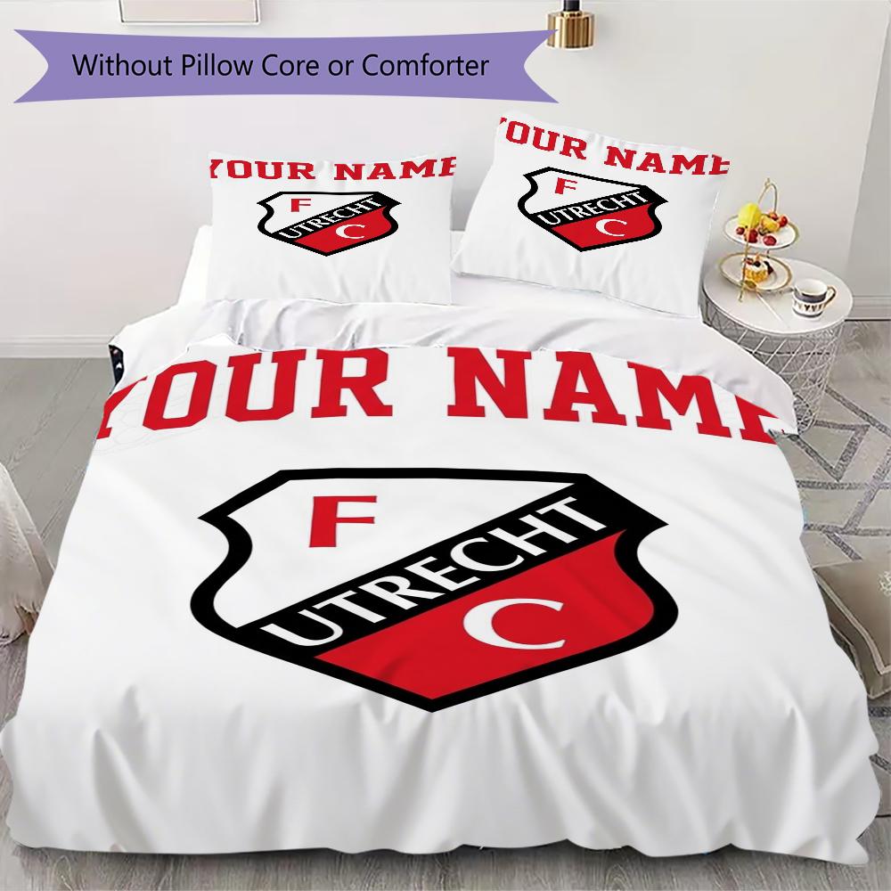 Benutzerdefinierter Name FC Utrecht Muster Bettwäsche Steppdecke Set Steppdecke Bezug Kissenbezug Heimdekoration Geburtstagsgeschenk (1*Bettbezug+2*Kissenbezug ohne Füllung)