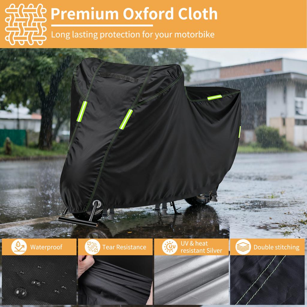 Waterproof Outdoor Motorbike Cover Heavy Duty 210D Universal Motorcycle Covers with Reflective Strips Lock-Holes Storage Bag