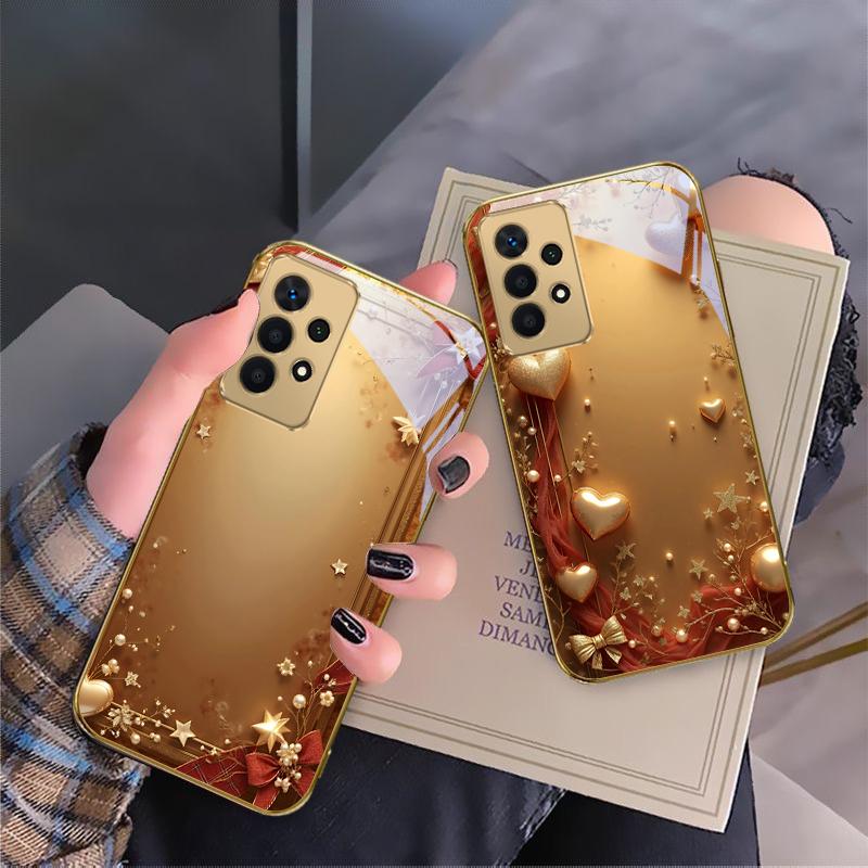 Golden ribbon and bow For Samsung A 01 52S A04 A05S A10 A12 13 22 23 24 36 42 M02 Note 10 20Ultra 8 9 Golden glass phone case