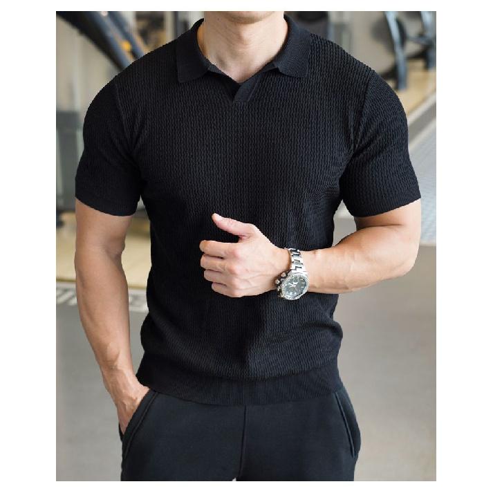 Leicht Reifer Stil Geripptes Strickpolo für Herren, Dünnes Atmungsaktives Slim Fit Kurzarm Amerikanischer Stil Muskelmänner Cooles Seidenhemd