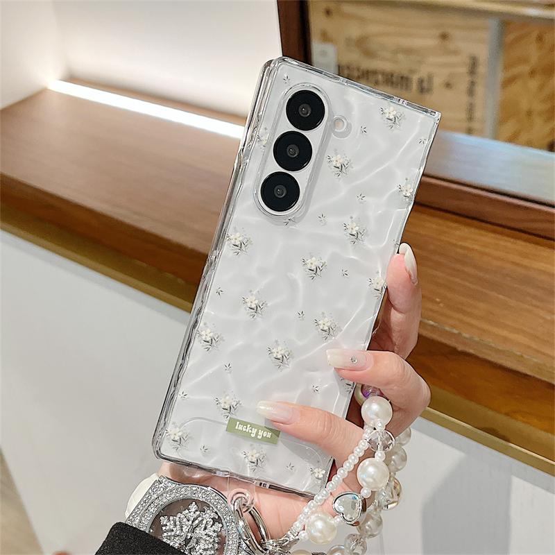Ins Flower Water Ripple Wrist Chain Case for Samsung Galaxy Z Fold 7 6 Transparent Pearl Bracelet Cover for Samsung fold7 ZFold