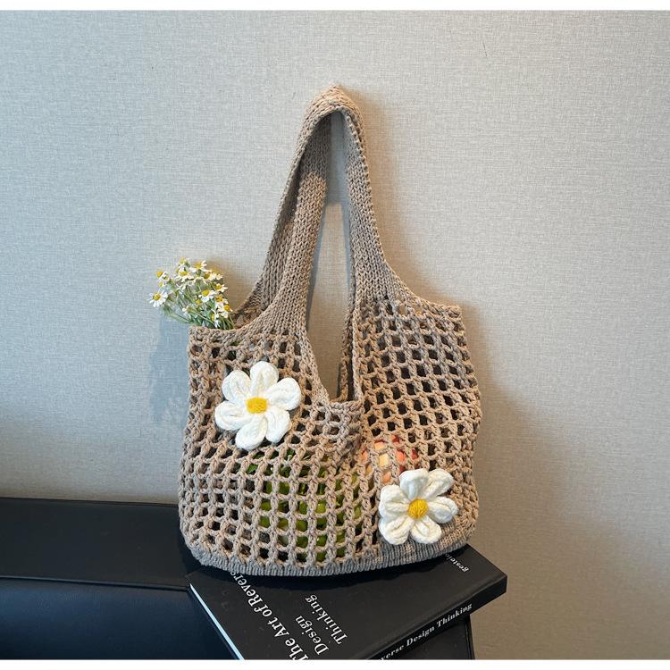 

Вязаная сумка плетеная сетка ажурный цветок большая вместимость элегантный дизайн универсальная сумка через плечо лето хаки