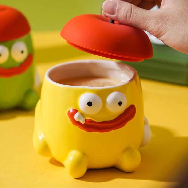 Cartoon Funny Apple Ceramic Mug Thick Lips Big Mouse Apple Shaped Coffee Mug Breakfast Milk Cup For Kids
