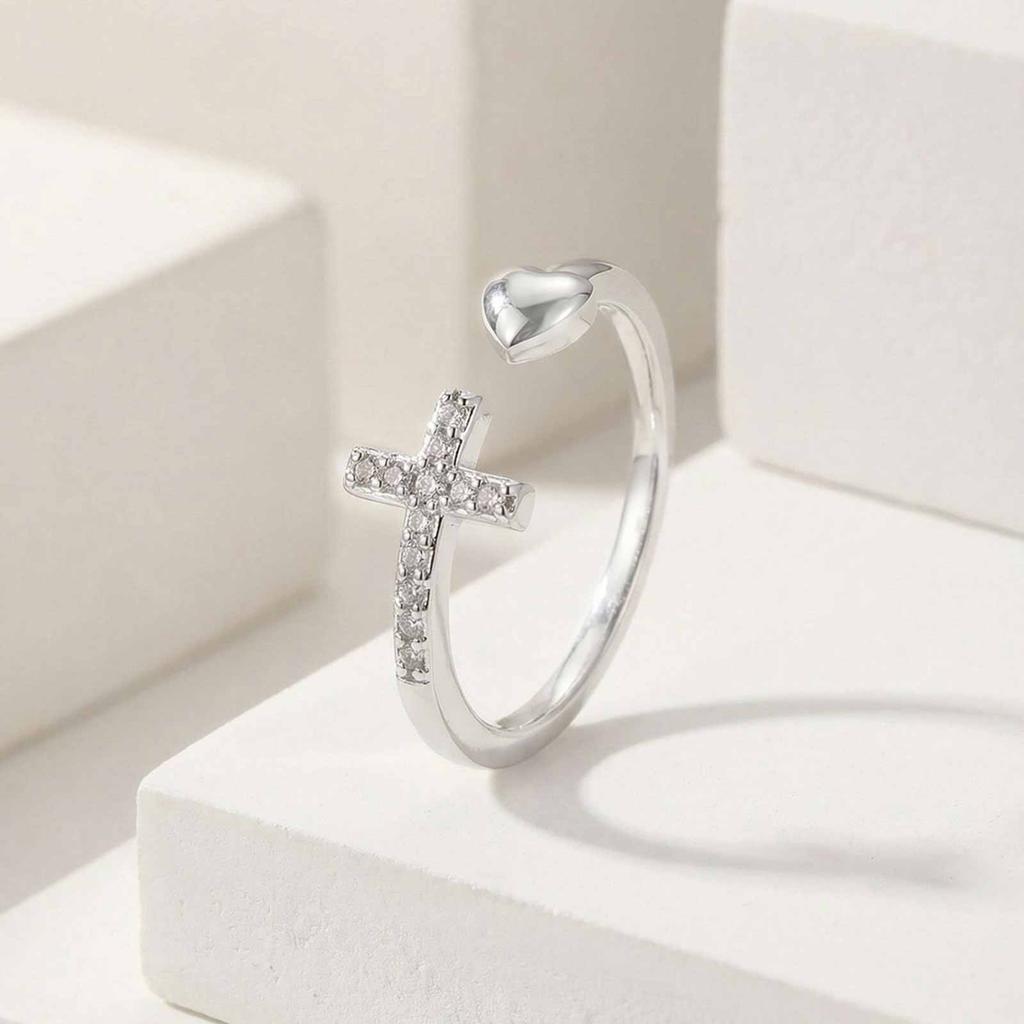 Exquisite Zircon Cross Ring for Women,Open Adjustable Heart Rings,Dainty Fashion Jewelry Gift