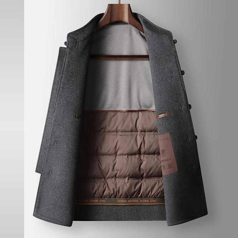 Men's Trendy Chinese Style Stand Collar Wool Coat with Detachable Down Liner, Frog Buttons, Double-Sided Fabric – Perfect for Autumn and Winter.