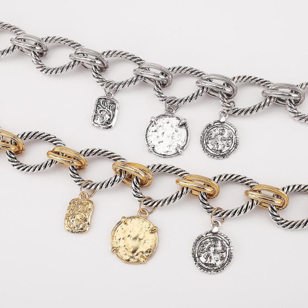 European & American Style Braided Chain Necklace with Coin Alloy Pendant