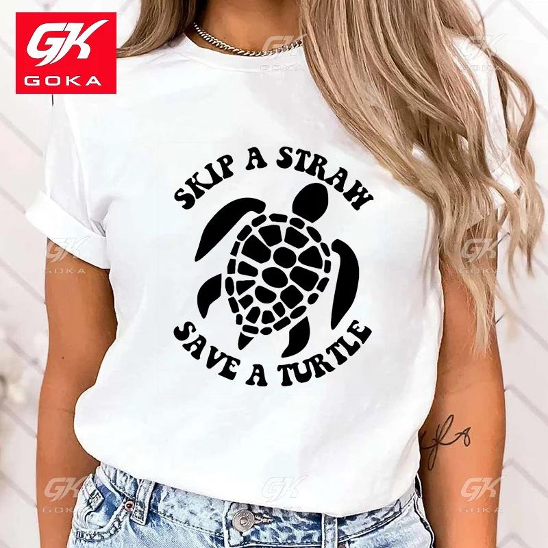 

Premium Cotton T Shirt Funny Protect The Ocean Skip A Straw Save A Turtle Cute Print T Shirts Women Short Sleeve Round Neck Tees 3XL