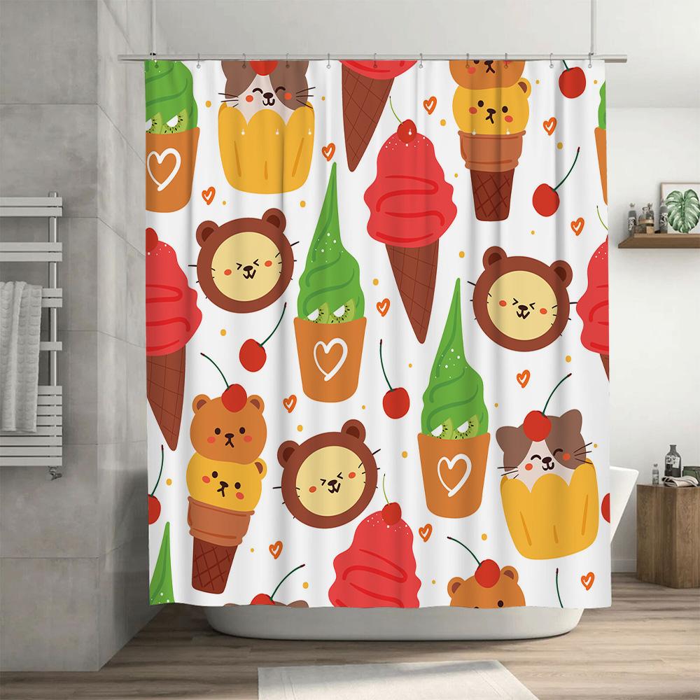 Adorable Animal Ice Cream Shower Curtain Set for Bathroom Decor Cartoon Print Fabric Shower Curtains with Rings included
