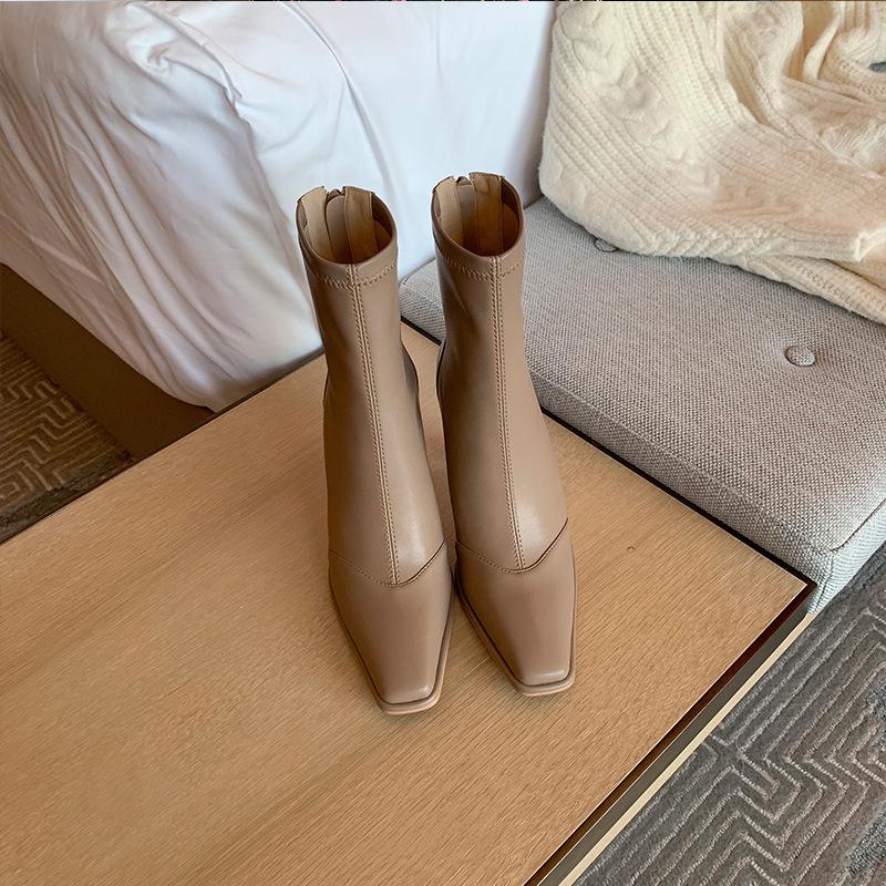 High-heeled Short Boots Women's 2025 Autumn and Winter New Korean Version Splicing Zipper Internet Celebrity Thin Boots Square-heeled Elastic Boots
