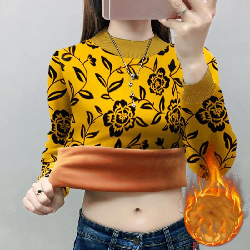 Herbst Winter Damen Fleece Verdickter Winter Halbhoher Kragen mit bedrucktem Oberteil im Western-Stil und Hemd