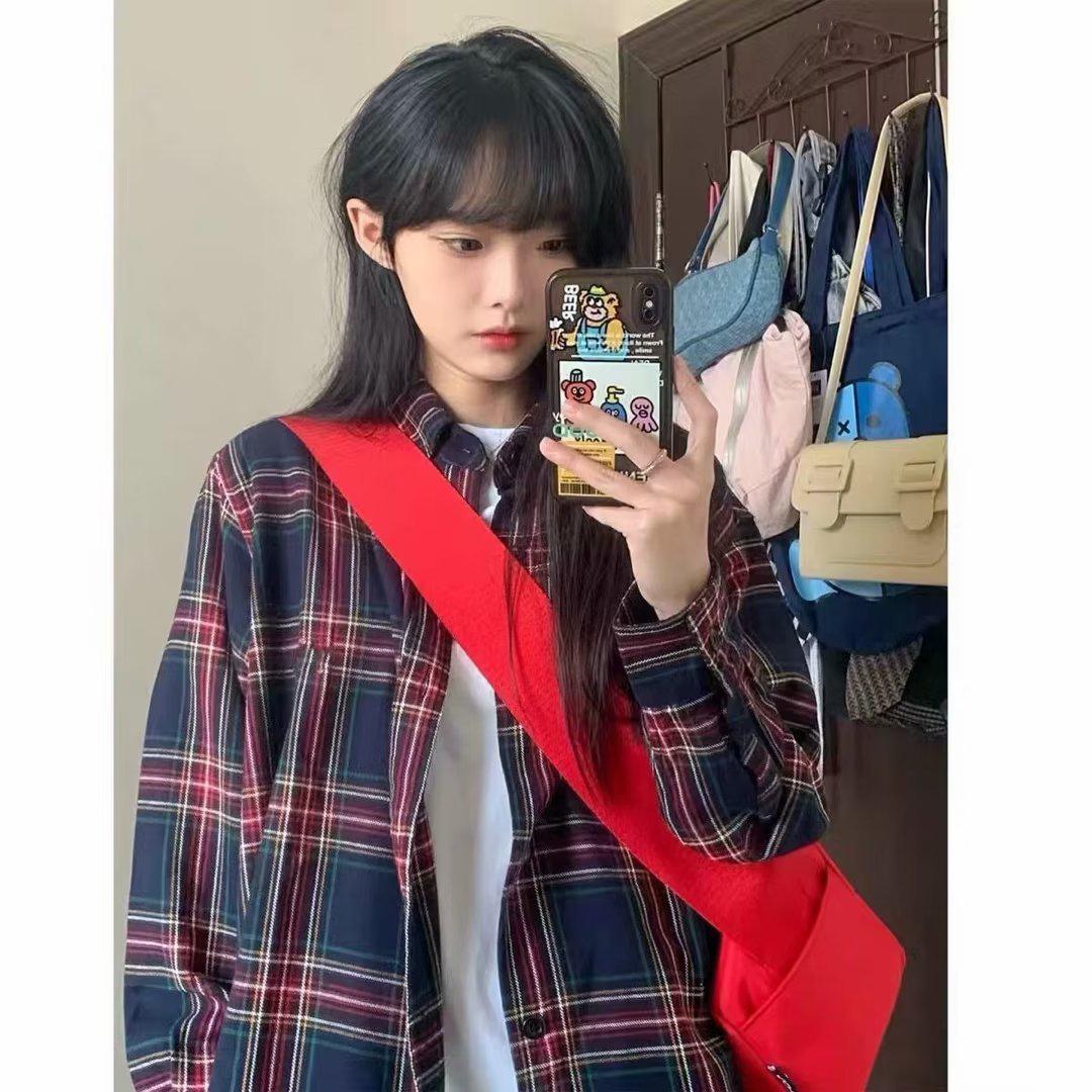 

Рубашка в клетку свободного кроя, слим-эффект - Ретро стиль начала осени XXL вино красного