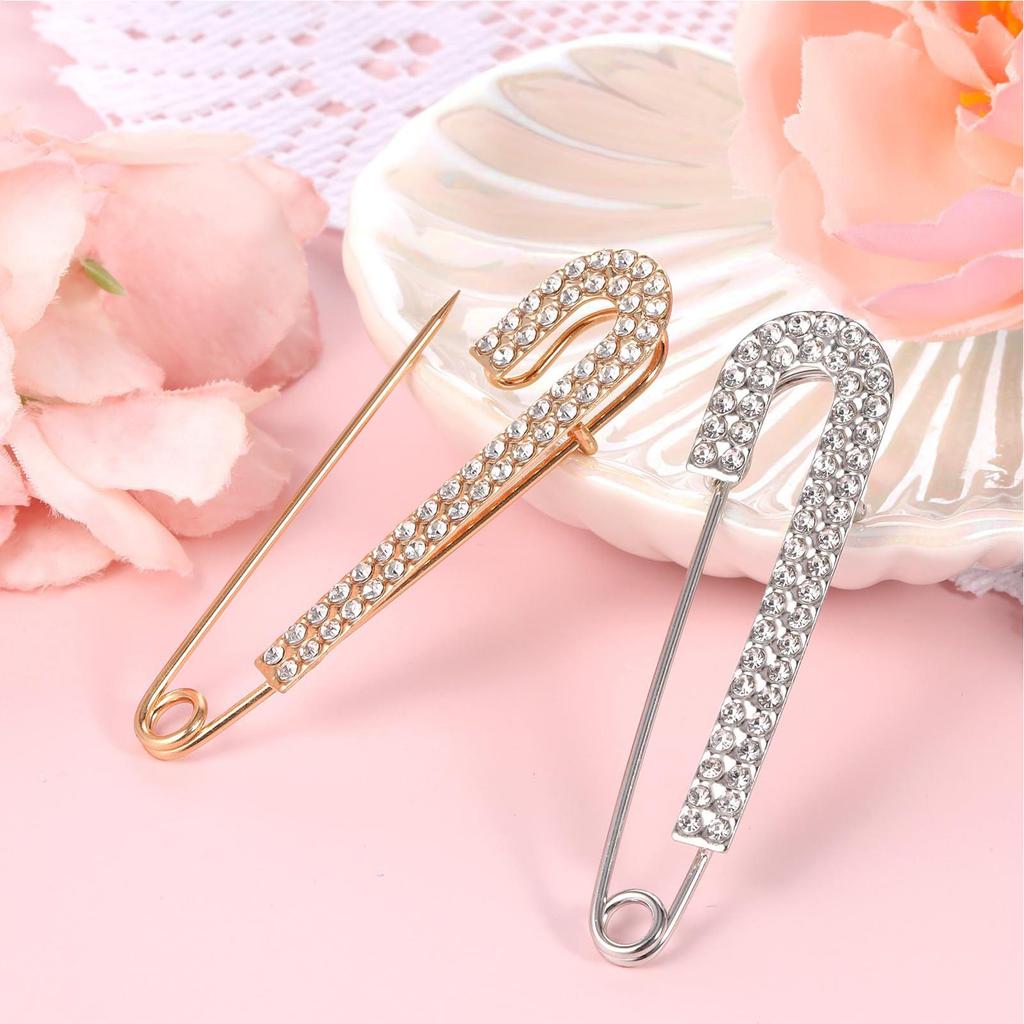 Silver Tone Rhinestone Safety Pin Silver Buckle Jewelry Large Brooch Luxurious Safety Clothing Pin for Scarf Women Shiny Fashion