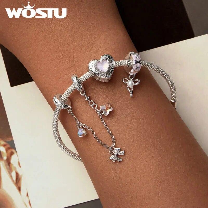 WOSTU 925 sterlingsølv rosa ballett jente sjarmsløyfe sikkerhetskjede drømmende hjerte perlepass original armbånd DIY eventyrgave