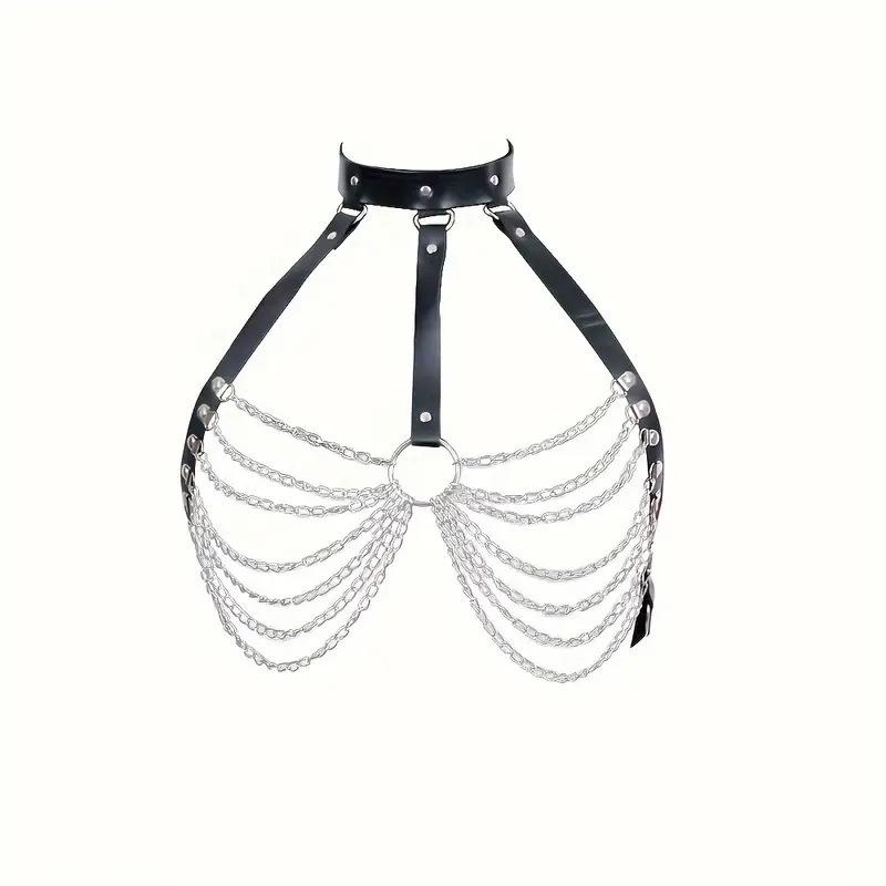 Catena Pettorale in Pelle Punk Europea e Americana: Collare, Cintura e Binders Sexy da Donna con Dettagli Metallici