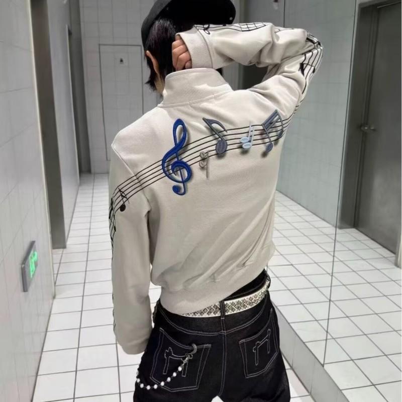 Mens Vintage American Embroidered Note Stand Collar Jacket Loose Casual Youth Streetwear