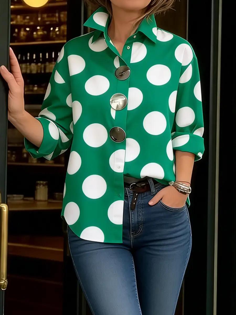 Women Green Polka Dot Loose Lapel Long Sleeve Fashion Shirt S