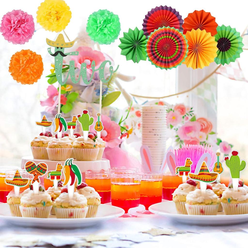 Taco Twosday Birthday Party Decorations - 2nd Fiesta Birthday Party with Fiesta Paper Fans, Taco Twosday Banner for 2nd Birthday Cinco De Mayo
