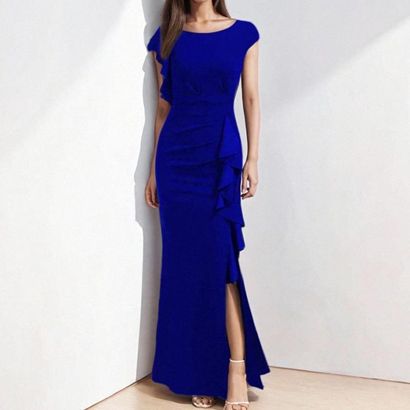 Spring New Style Elegant Sexy and Fashionable Solid Color Round Neck Ruffled Women's Dress