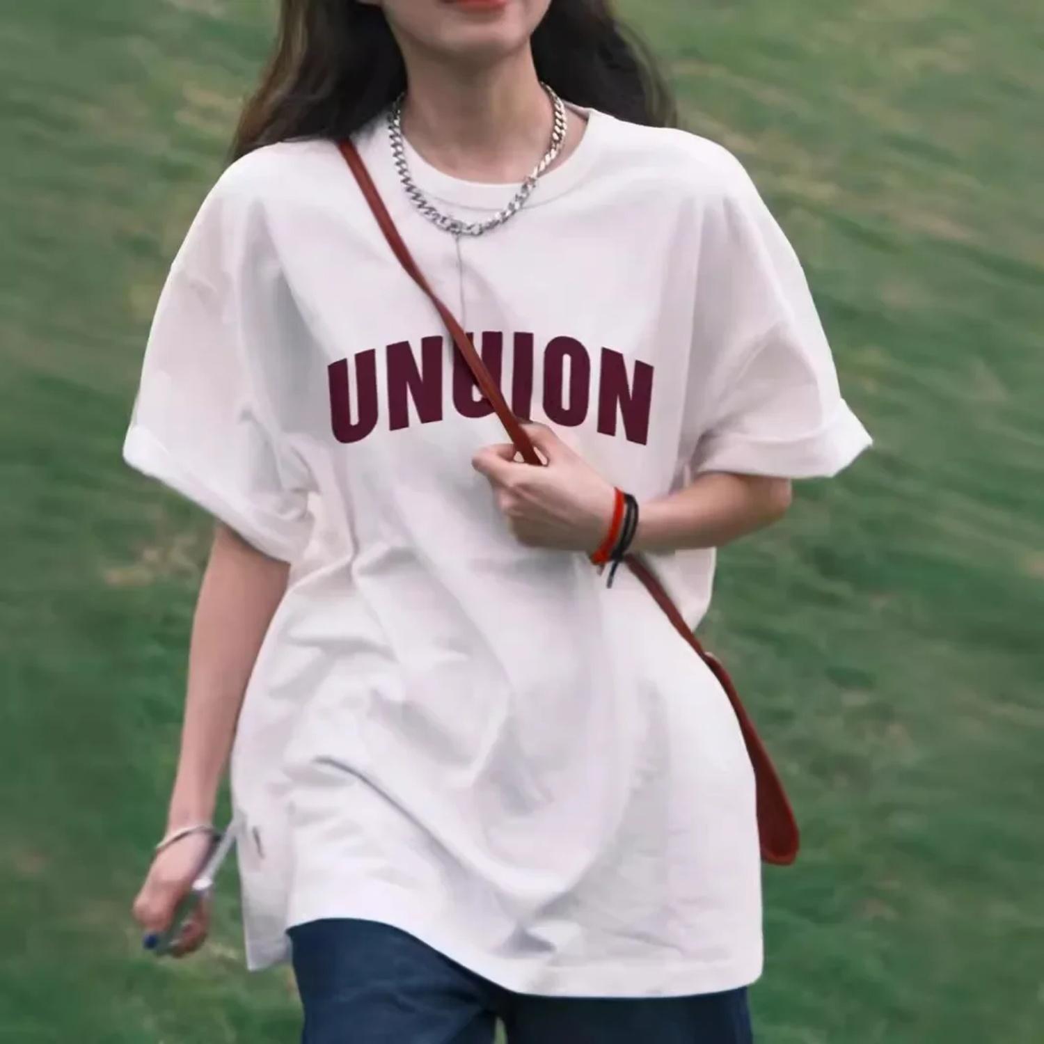 

White Short Sleeve T-Shirt Women Summer Korean Loose Oversize Half Sleeve American Retro Letter Print Crew Neck Polyester Fiber XXXXXL