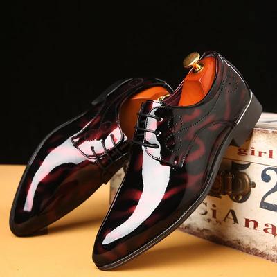Men Fashion Red Sole Dance Club Derby Shoes For Man Business Dress Lace-Up Printed Patent Leather Men's Wedding Party Shoes