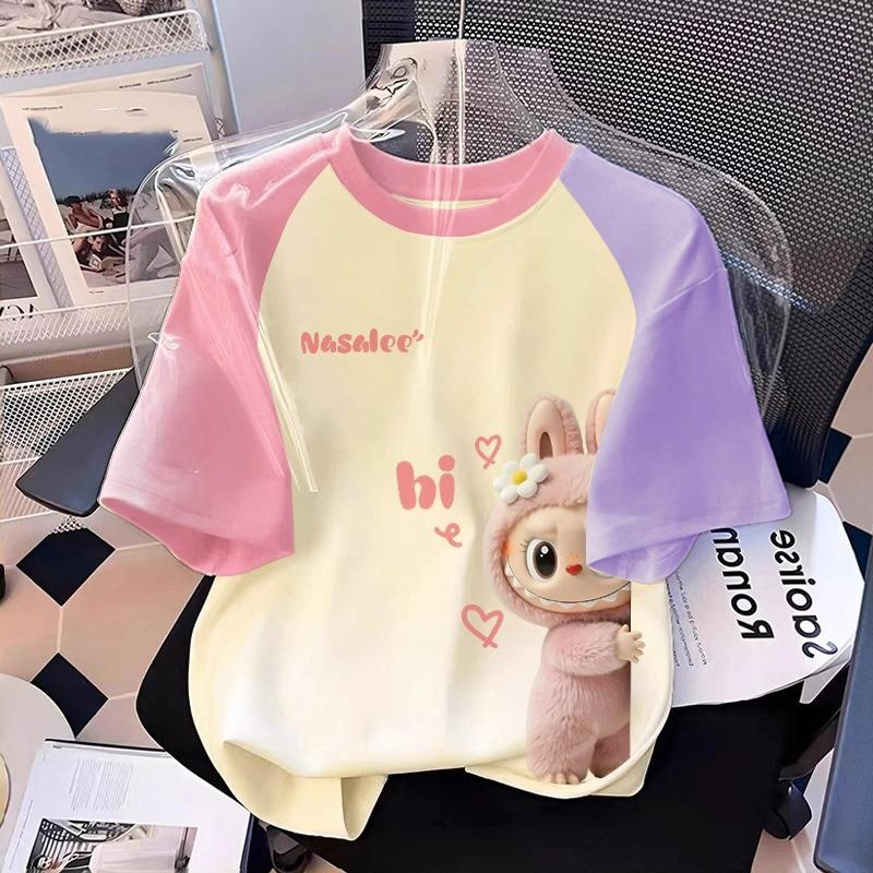 

Мультяшная графическая футболка с монстром-эльфом Лабубу для детей, летняя повседневная женская футболка, топ, свободная, оверсайз, с коротким рукавом, одежда 150