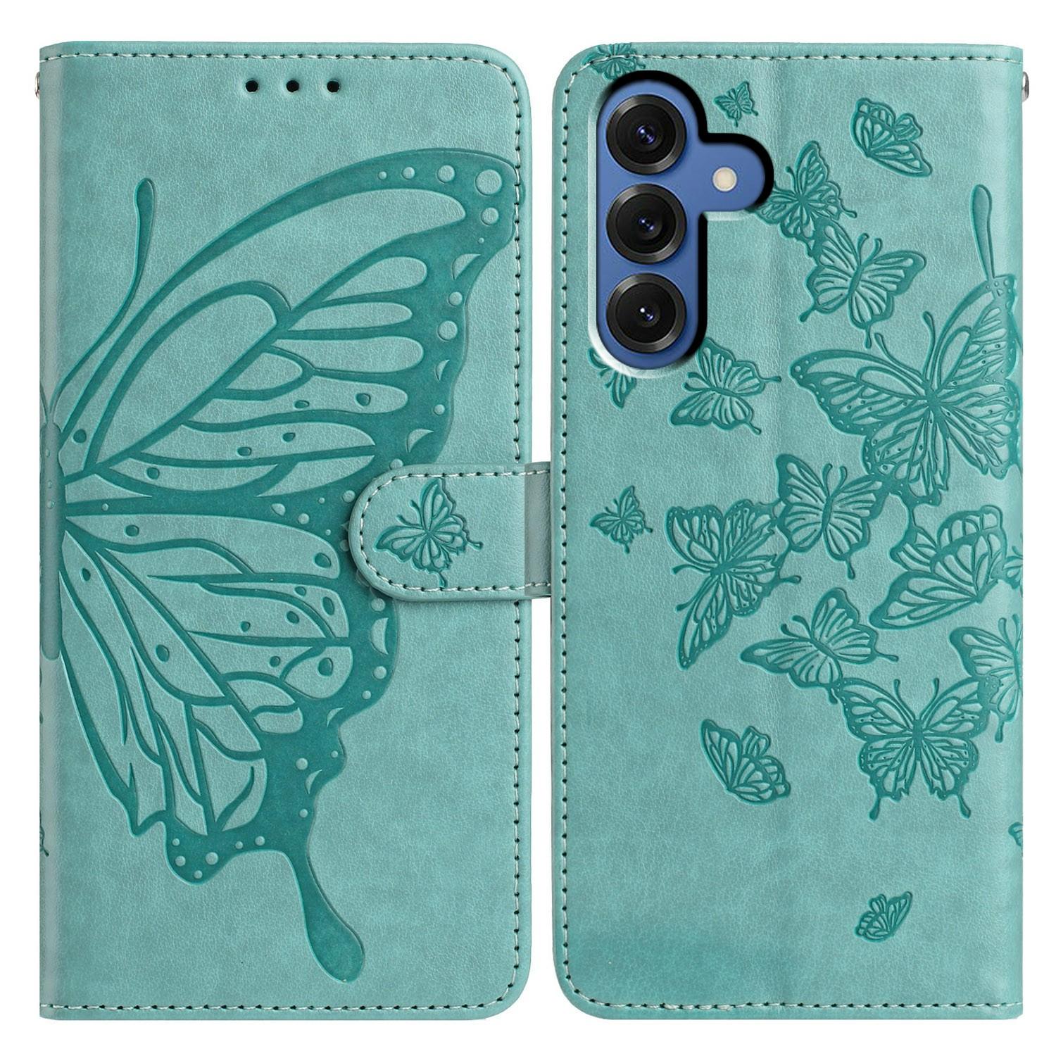 

For Samsung Galaxy S25 Case Butterfly Imprinted Wallet Stand PU Leather Flip Phone Cover with Strap Green