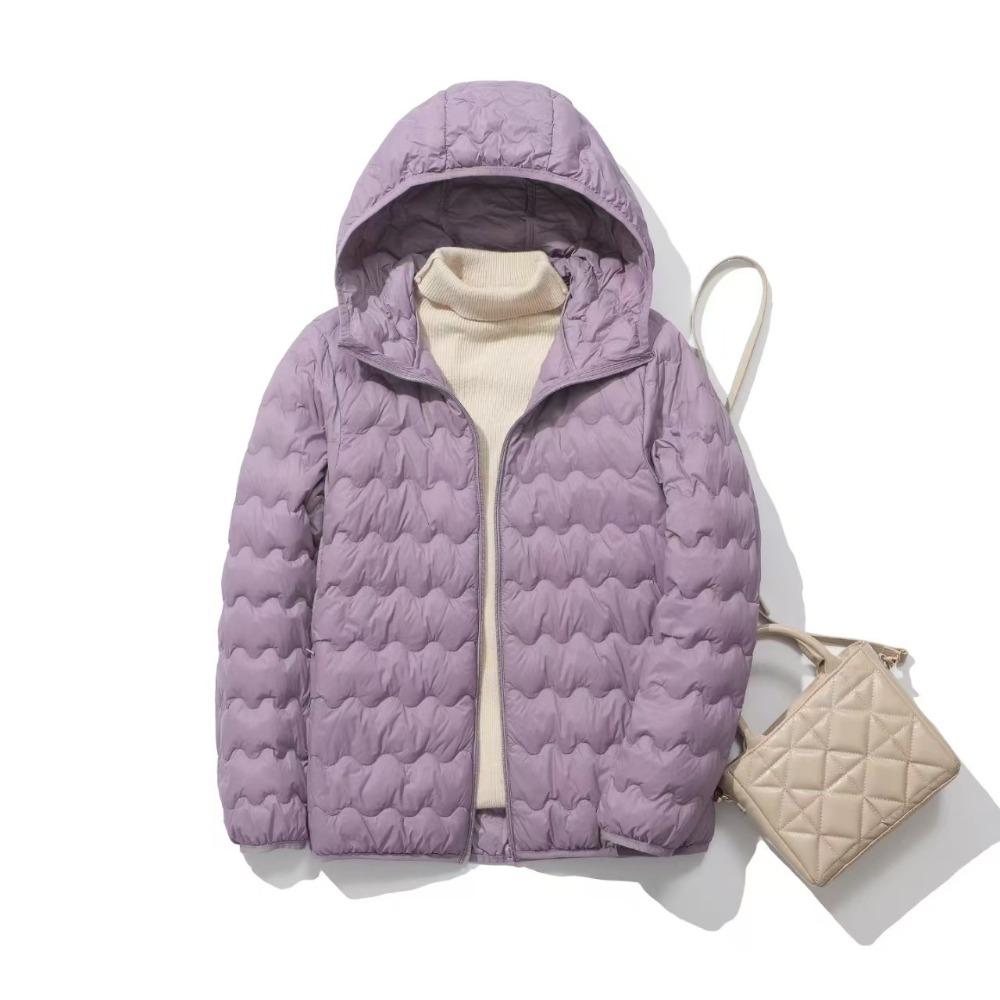 Women's Hooded Long Sleeve Loose Fit Lightweight Short Down Jacket Wave Quilted Puffer Outerwear