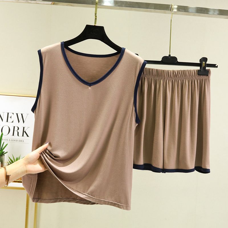 

Модальный жилетный костюм женский летний тонкий безрукавный футболка свободного кроя домашняя одежда пижама легче всего сочетать повседневные шорты комплект из двух предметов Khaki L (Recommendation 50.00 kg-60.00 kg