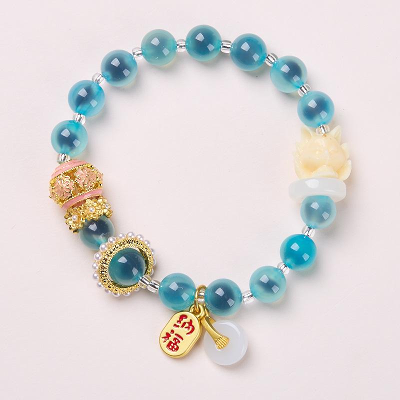 Yongxiang-style Beijing Incense Ash Glass Bracelet with Pink Porcelain Nine-tailed Fox and Gold Foil, Good Luck Bracelet, Gift for Best Friends