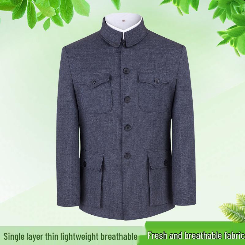 Traje de Verano Zhongshan: Chaqueta Estilo Militar de Abuelo para Hombres de Mediana Edad