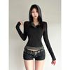 H's European and American Women's Clothing Retro Contrast Color Stripes Patchwork Fake Two-Piece Long Sleeves T-shirt Female Silm Slimming Hooded Tops